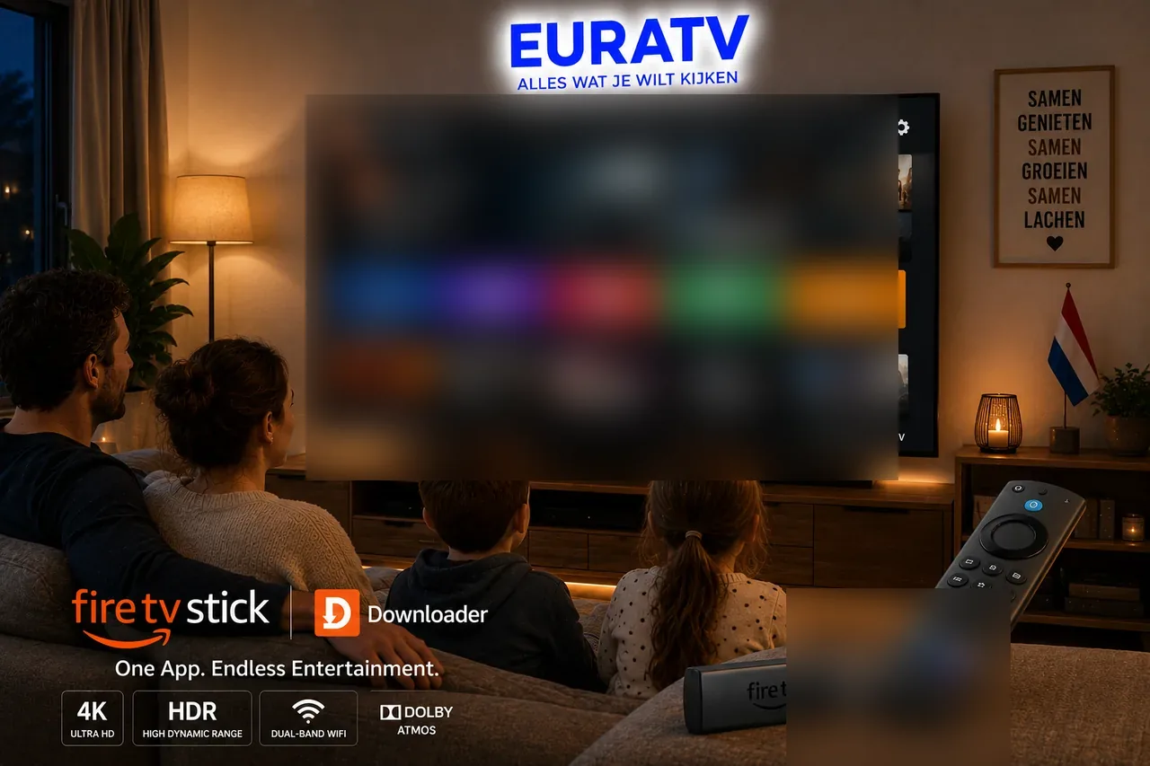 Gezin installeert de Downloader app op Fire TV Stick om IPTV te kijken in Nederland