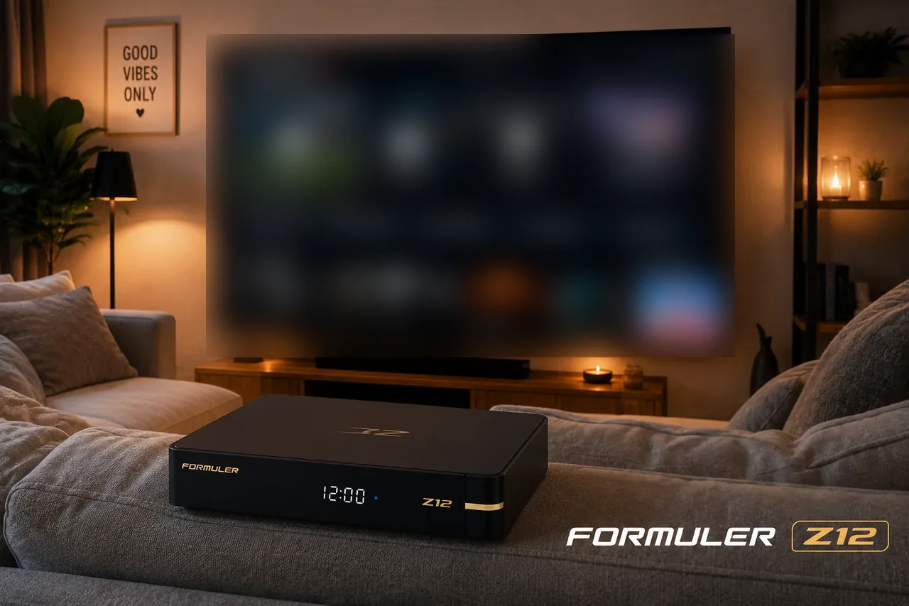 Formuler Z12 IPTV box op tafel met live tv menu op groot scherm in Nederlands huis