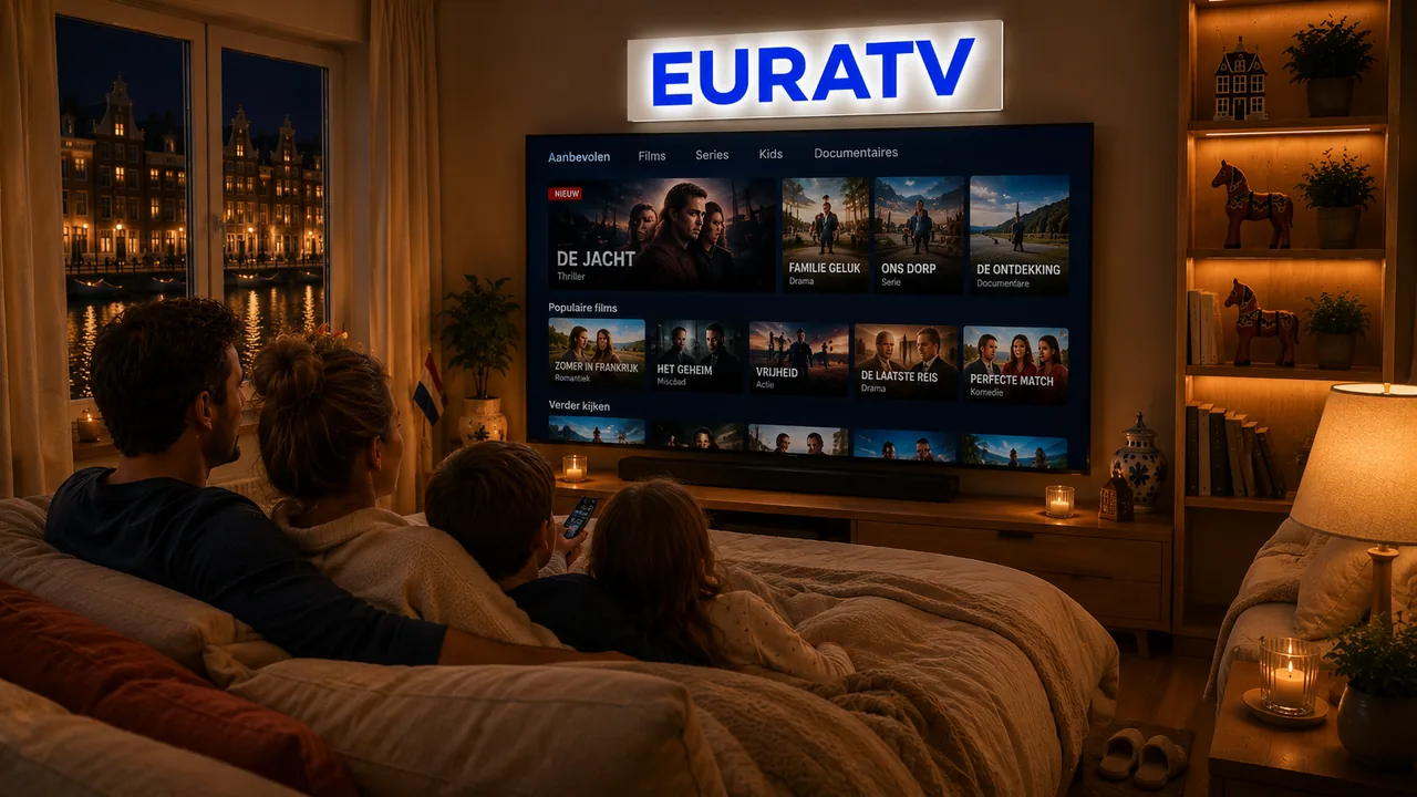 Gezin bladert door films en series in het IPTV menu op een groot tv scherm