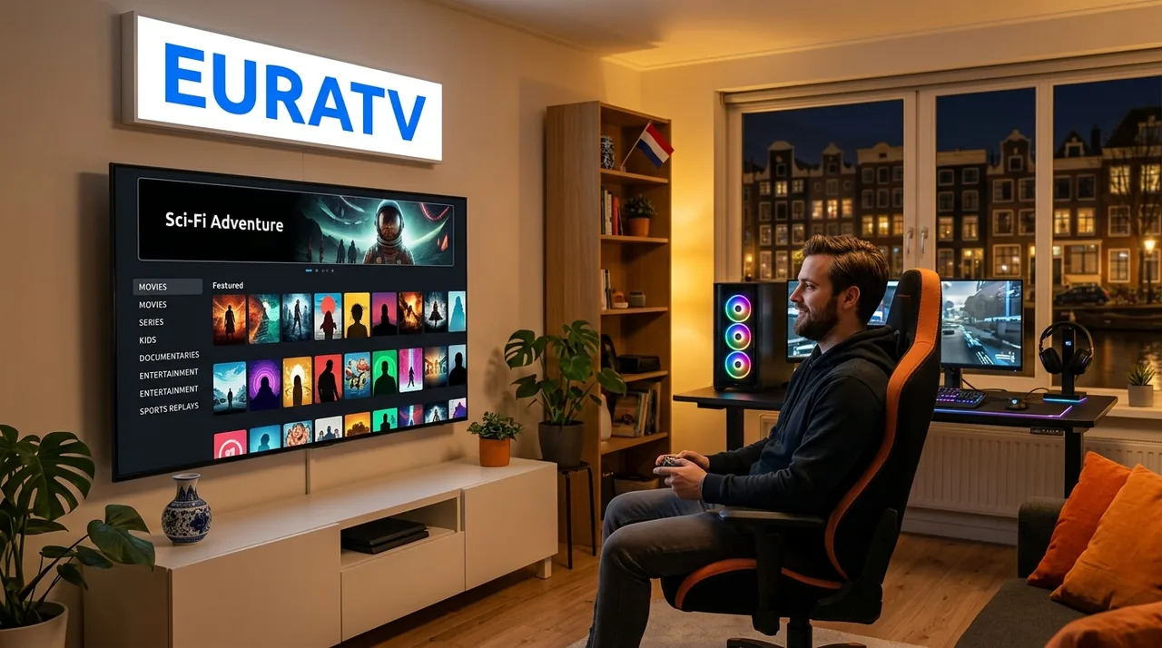 Man kiest een film in het IPTV menu in zijn game kamer, films en series kijken thuis