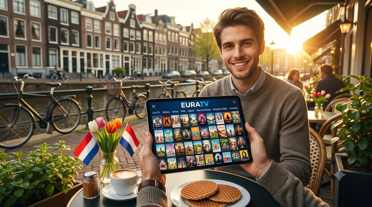 Man toont IPTV app op tablet bij een Amsterdamse gracht, overal tv kijken in Nederland