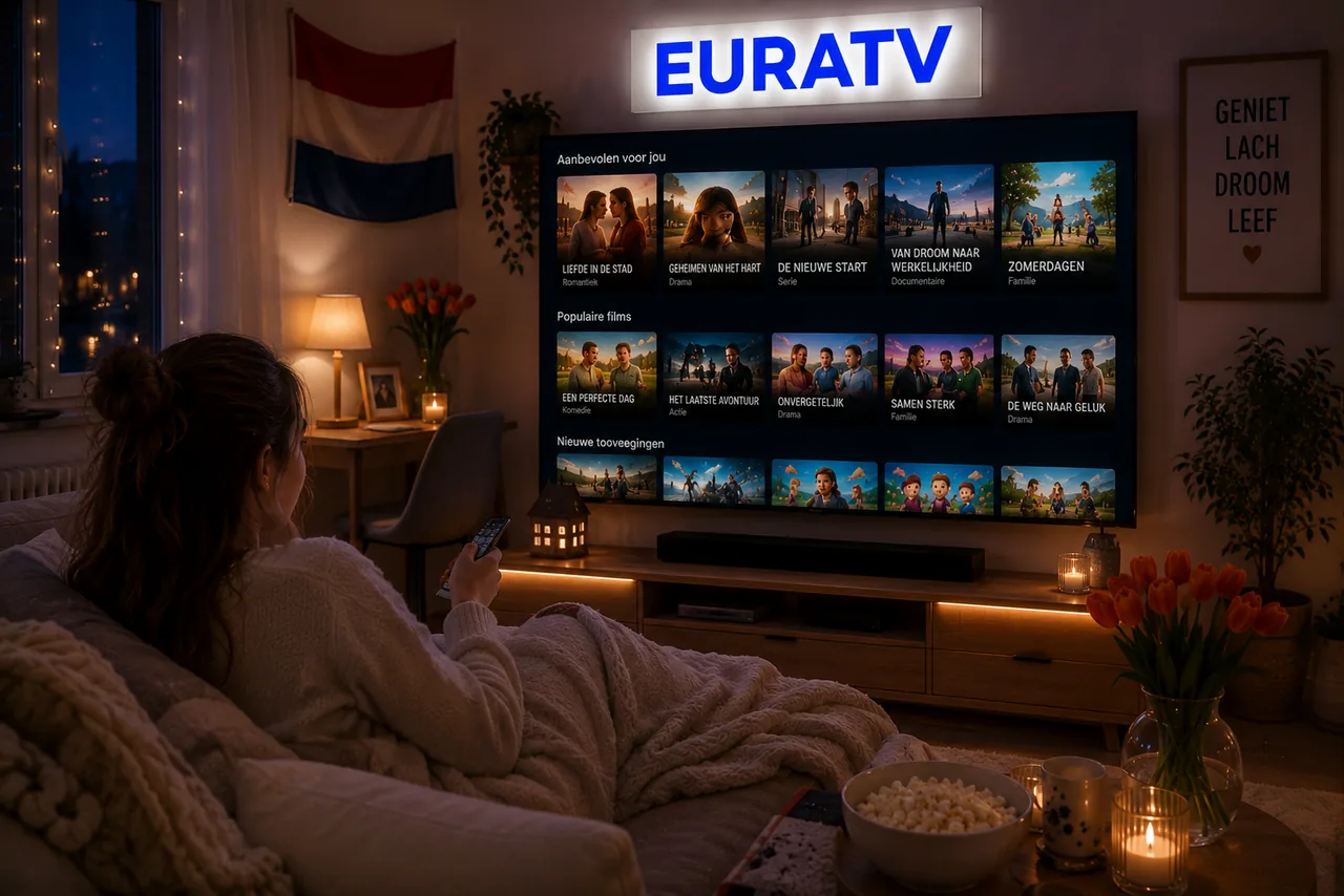 Vrouw ontspant 's avonds en kiest een serie via haar IPTV abonnement