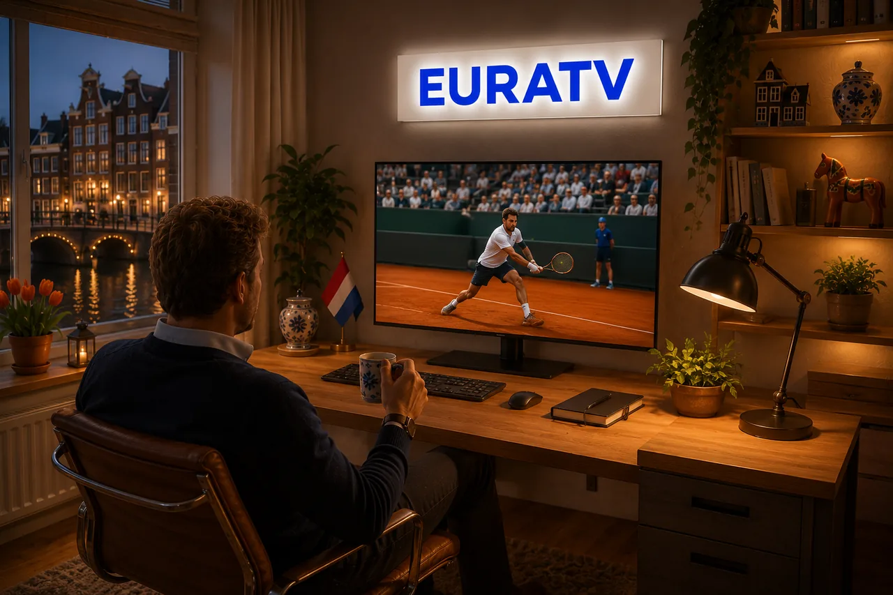 Man kijkt een tennis toernooi live op tv via IPTV vanuit zijn thuiskantoor